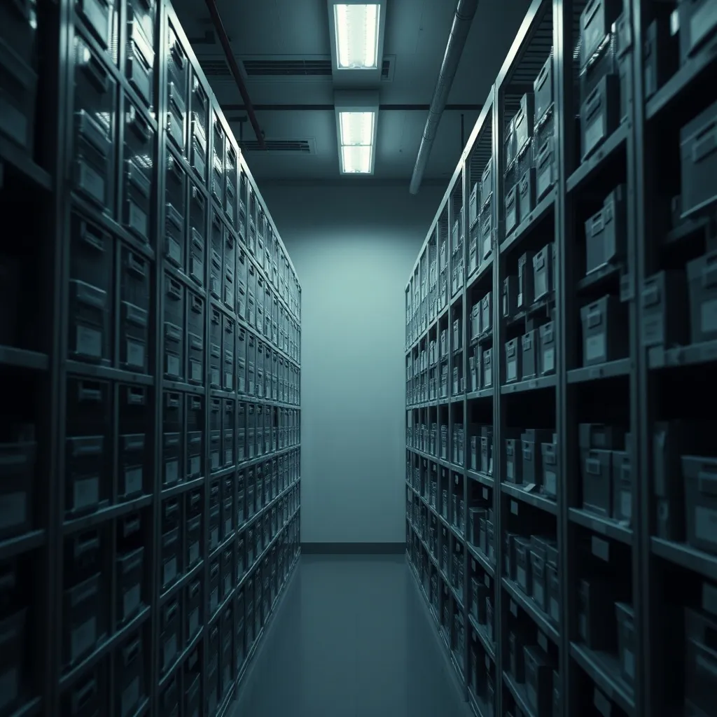 Technical archive room with shelves and dark lighting, profe